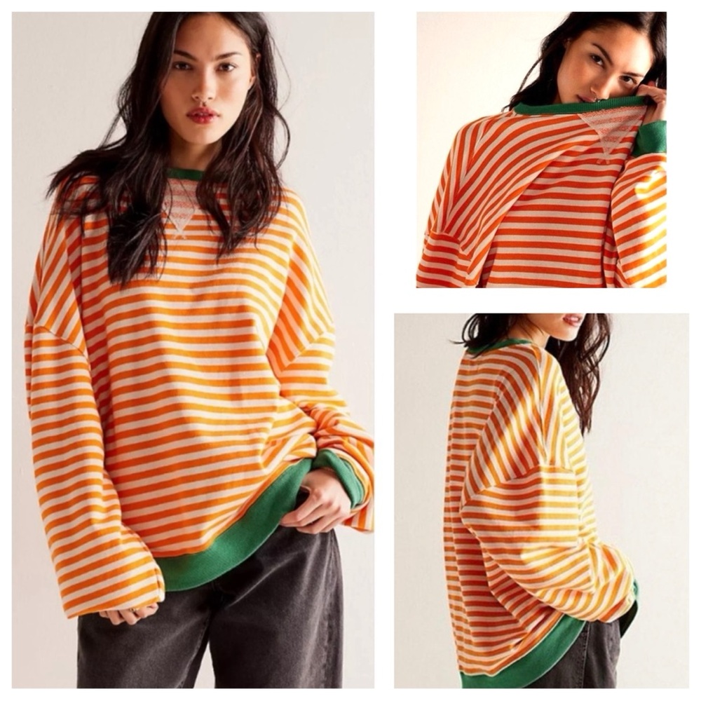 Free People Orange and Green Striped Sweatshirt